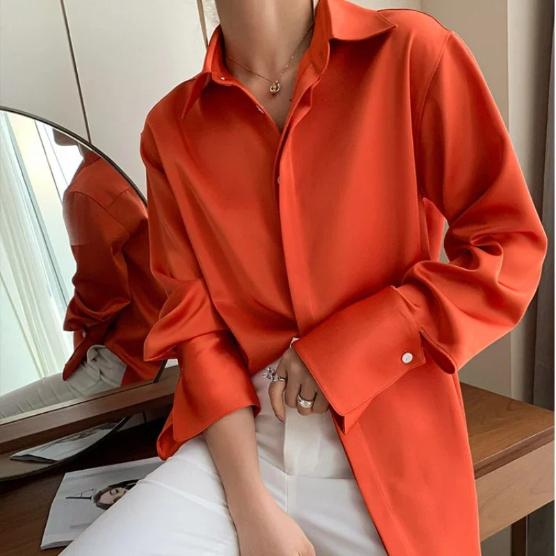 Dark Night Shine Long Sleeve Double-sided Satin Shirt Women Autumn Fashion Solid Turn Down Collar Blouse Loose Clothes 29768