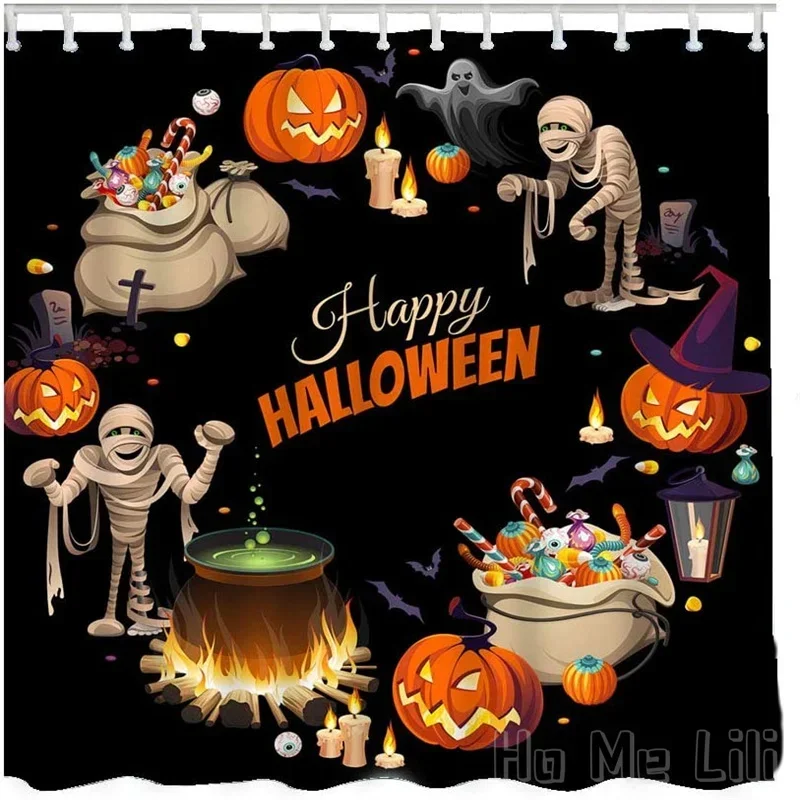 Halloween Shower Curtain By Ho Me Lili With Hooks Mummy Candy Potion Grave Ghost Pumpkin Scary Party Bat Witch For Bathtubs