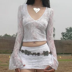 Fairy Cottage Floral Lace Crop Tops Women Korean Long Sleeve Slim Fit Tees Y2K Vintage V Neck See Through Sheer Mesh T Shirt