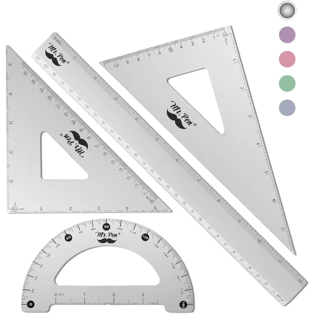 

Metal Geometry Kit, 4 Pack, 45° & 30°/60° Set Squares, 6" Protractor & 12" Ruler, Durable Metal Drafting Tools for Technical Drawing, Math, Engineering & Architecture