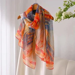 Orange Red Luxury 100% Mulberry Silk Shawl Scarf Fashion Brand Long Scarves Wraps Summer Silk Chiffon Beach Scarf Cape 180*110cm