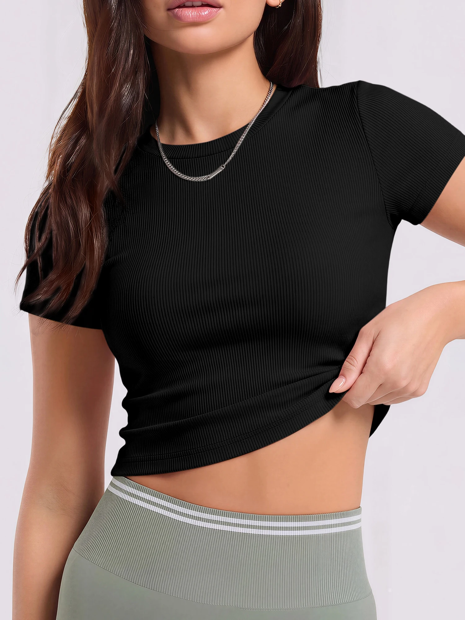 Sweat Wicking Ribbed Slim Crop Blouse, Comfort Short Sleeve Activewear for Yoga Flow & Low Impact Training