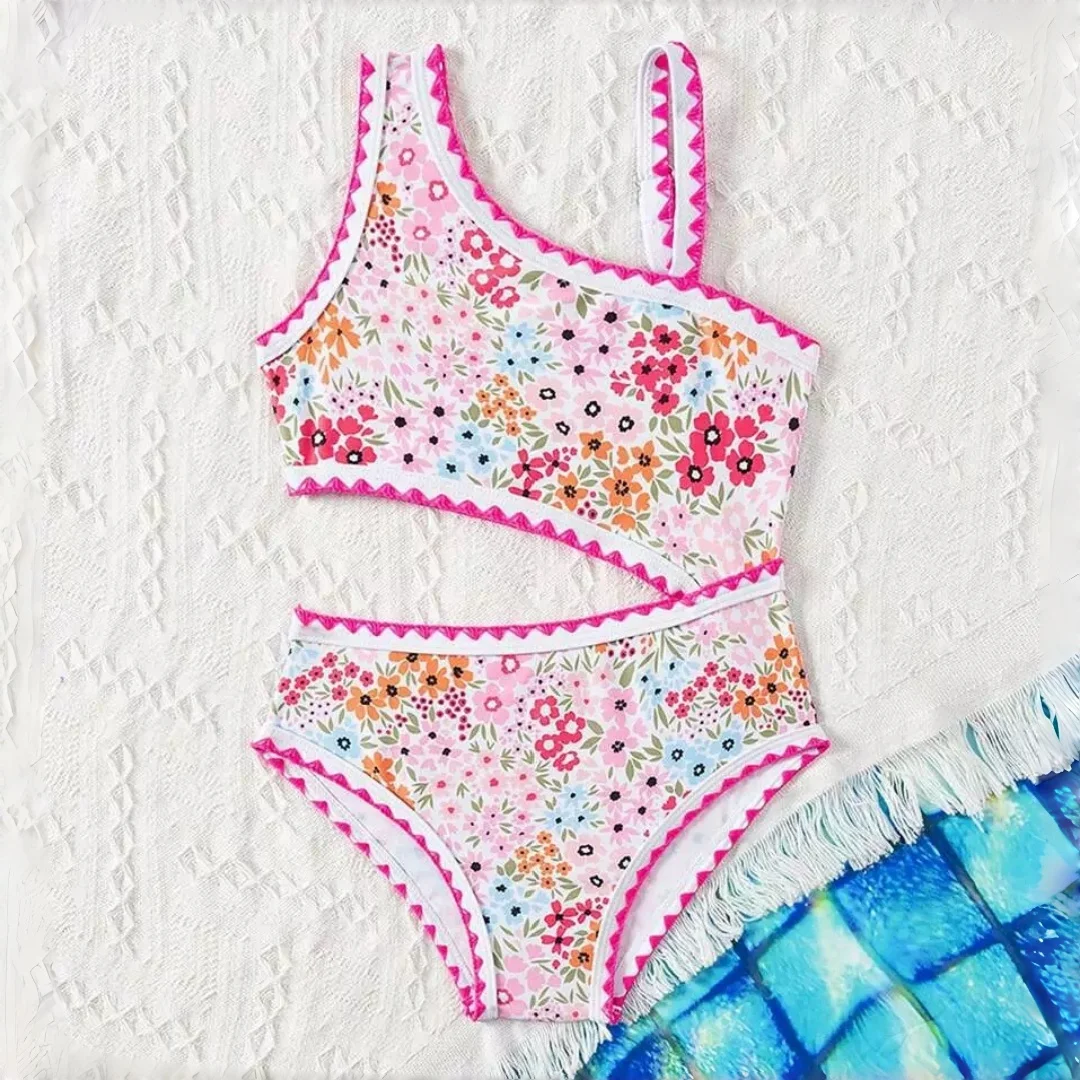 

Милый детский цельный купальник-бикини для девочек с цветочным принтом, пляжная одежда с круглым вырезом, из высокоэластичной ткани, детский купальник для детей от 4 до 7 лет