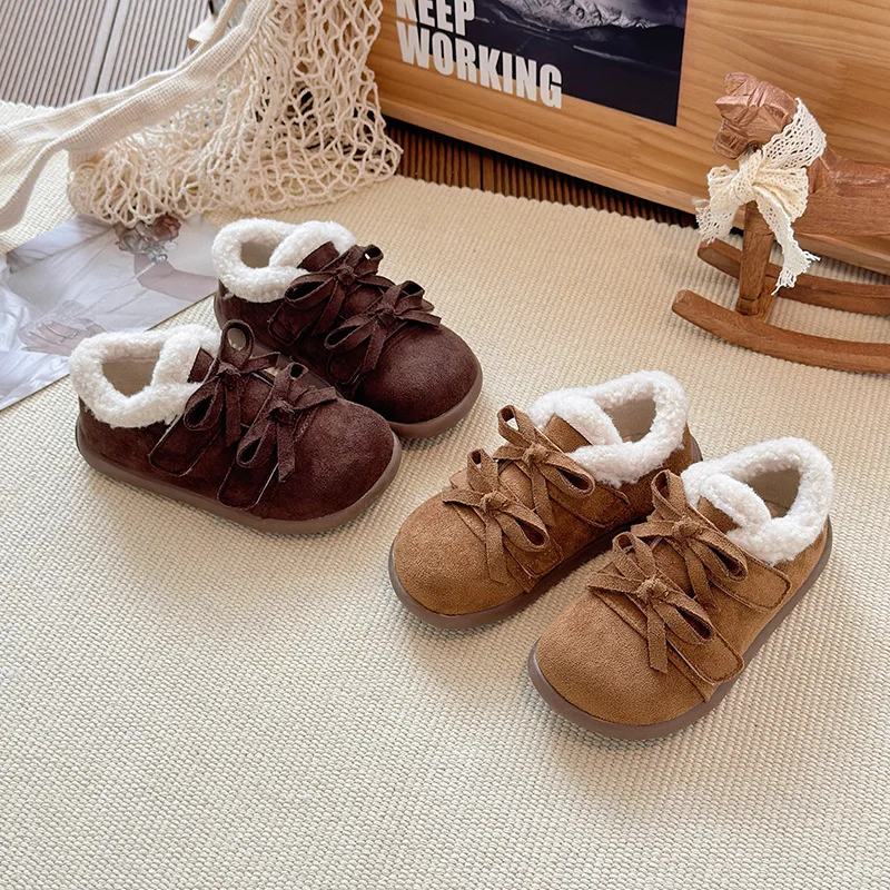 

Girls Flat Shoes Suede Warm Double Bowknots Kids Princess Shoes Versatile 2025 Winter New Children Warm Shoes for Girls Soft