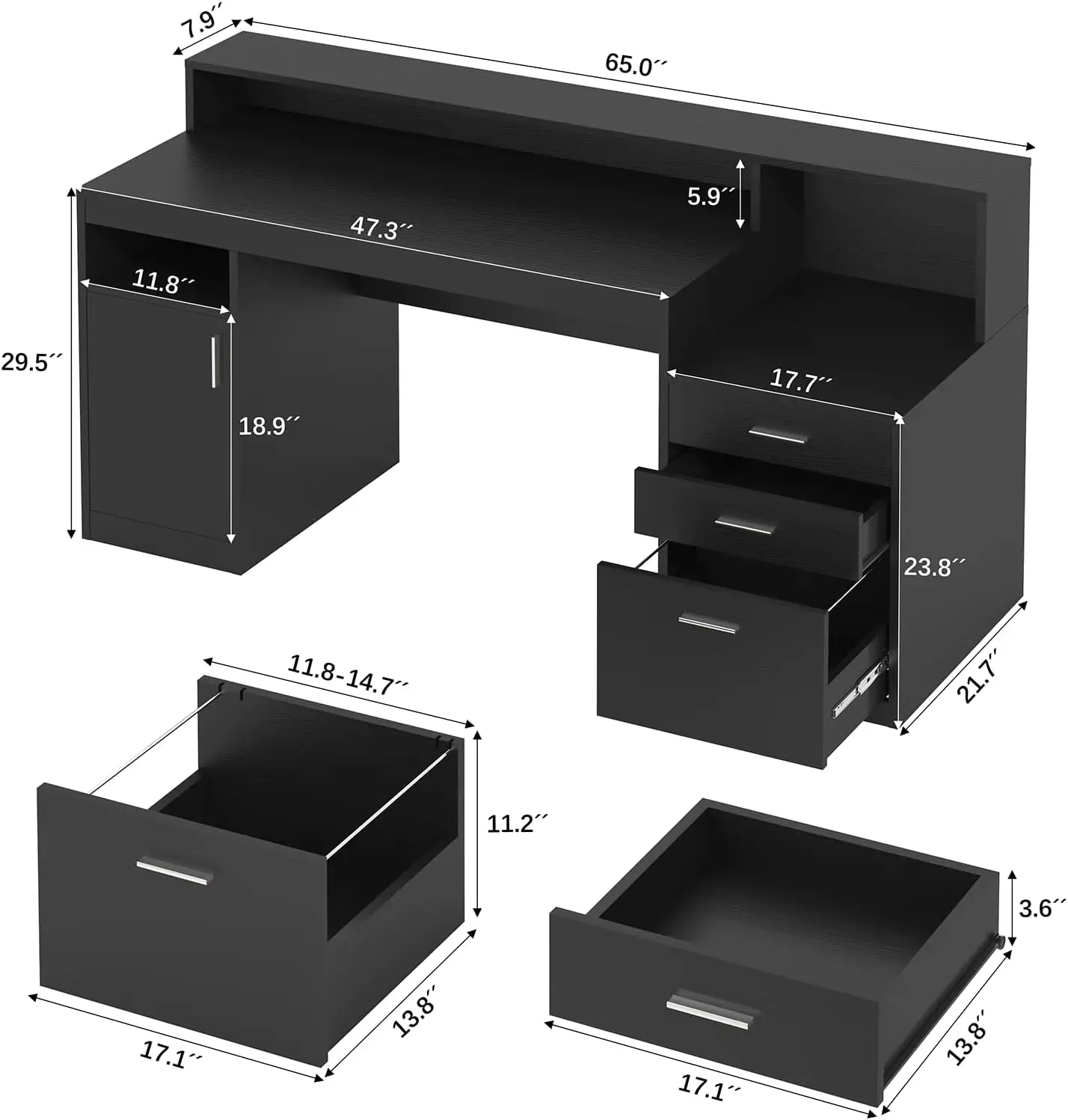 Biurko komputerowe TVU z 3 szufladami i 1 szafką do przechowywania, biurko 65 cali ze stojakiem na monitor i stojakiem na drukarki, biurko do gier