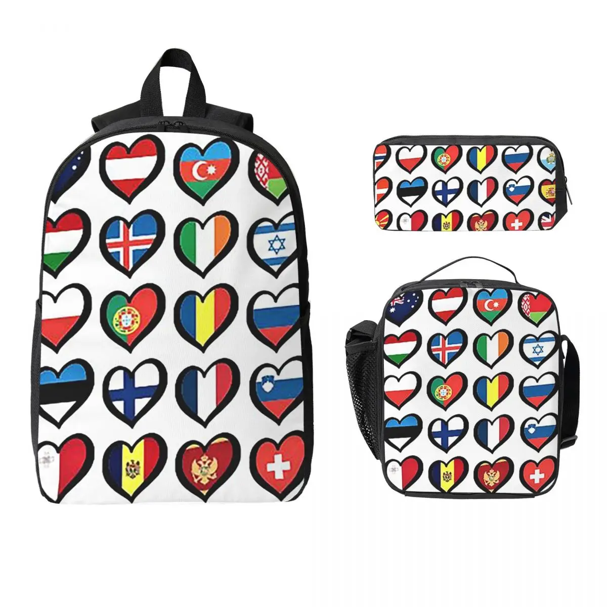 

Eurovision Song Contest Flags Hearts ESC EBU Eurofans Backpack Boys Girls BookBag School Bag 3ps Insulated Lunch Bag Pencil Case