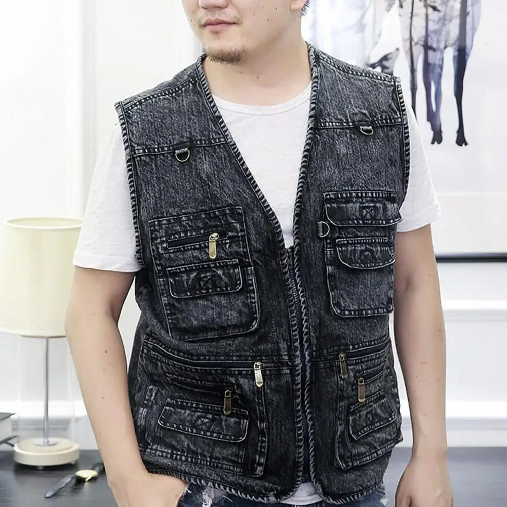 Spring Autumn Men Vest Multiple Pockets Solid Color Denim Vest Loose V Neck Sleeveless Outerwear Waistcoat for Fishing