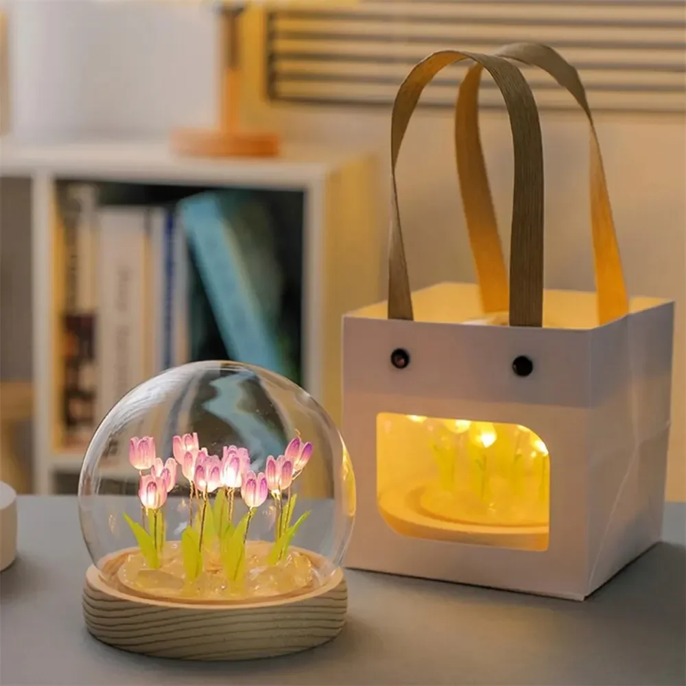 Künstliche Tulpe Nachtlicht mit transparenter Abdeckung, handgefertigte DIY Nachttischlampe, LED-Nachtlicht, Heimdekoration, Atmosphärenlicht – Detail 12