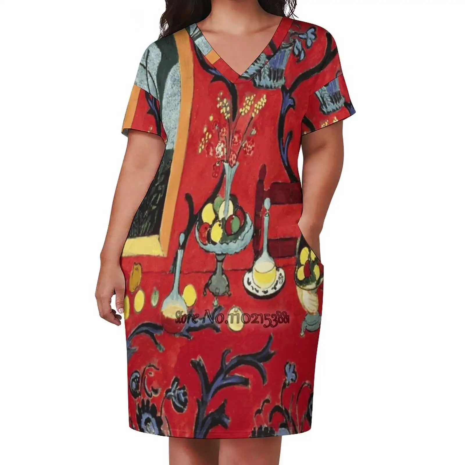 The Dessert : Harmony In Red ( The Red Room ) - Henri Matisse Design Print Dress Short Sleeve V-Neck Fashion Skirt Thin Short