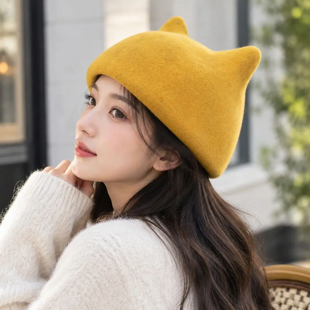 High Quality Cat Ear Pattern Cat Ear Beret Premium Wool Warm Painter Hat Soft Touch Solid Color Wool Beret Hat