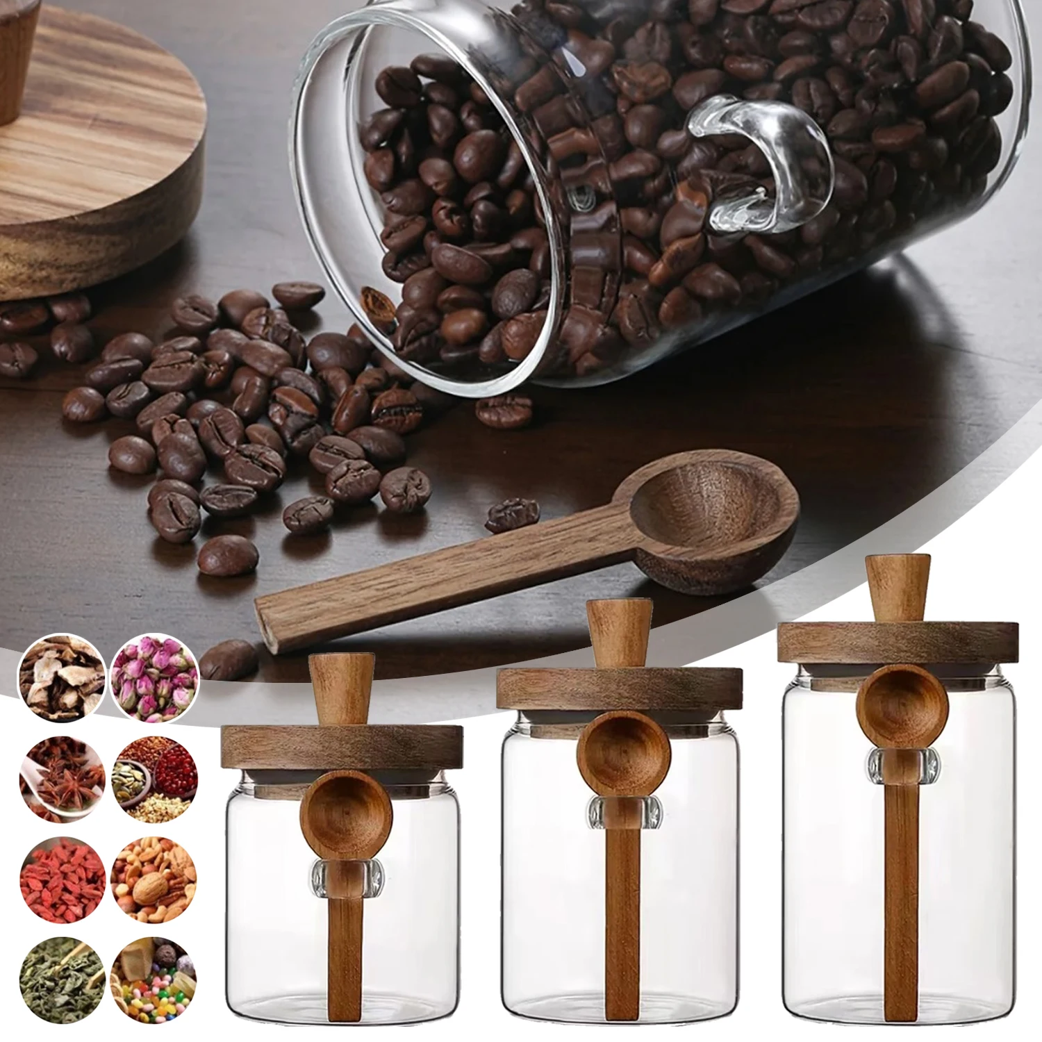 

1PC Kitchen Glass Sealed Jars with Wooden Lids and Scoop Airtight Food Storage Jar for Sugar Coffee Bean Candy Spice Bath Salt