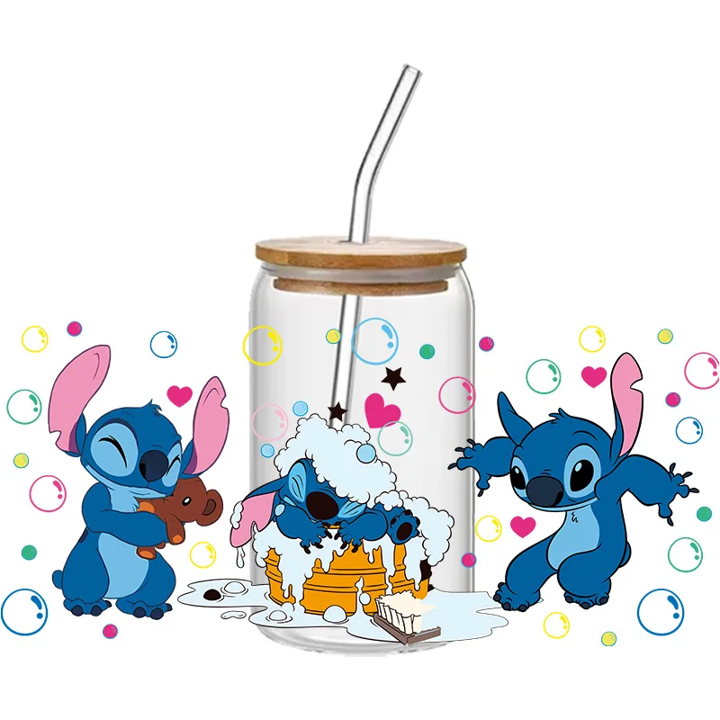 Disney Stitch Cultural stickers Cute animated stickers UV 3D transfer printing adhesive 16oz glass cup Multiple mixed batch cust