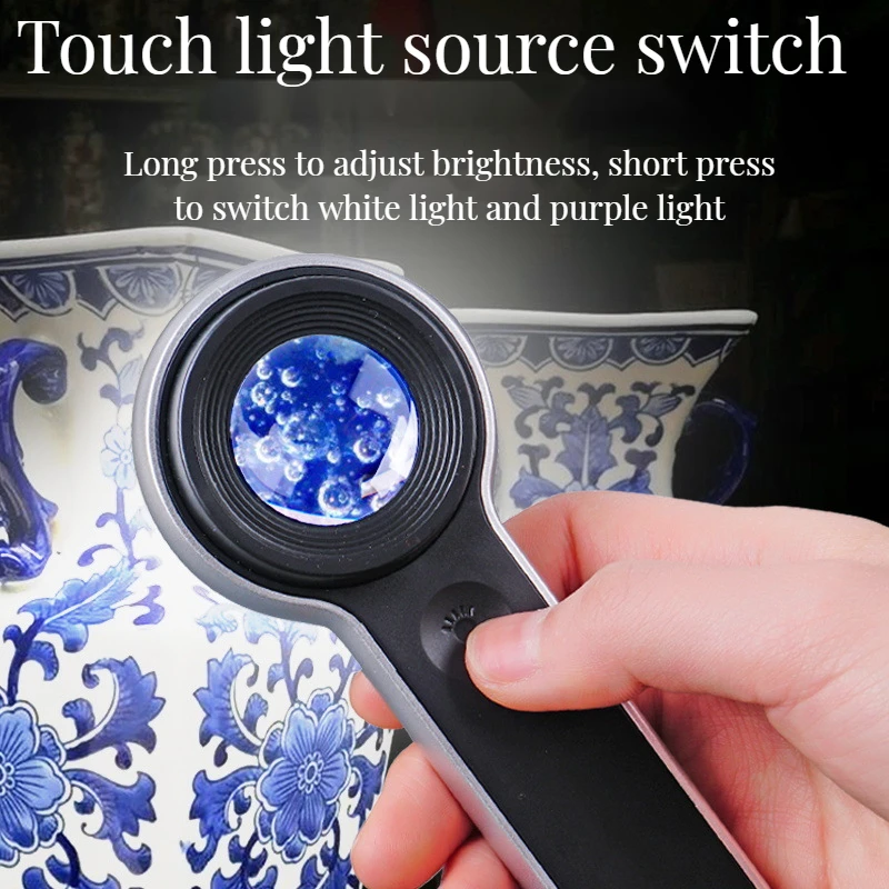 10X Handheld Portable Illumination Magnifier Magnifying Glass Loupe Tool Hd Usb Charging with Led Uv Light for Jewelry Reading