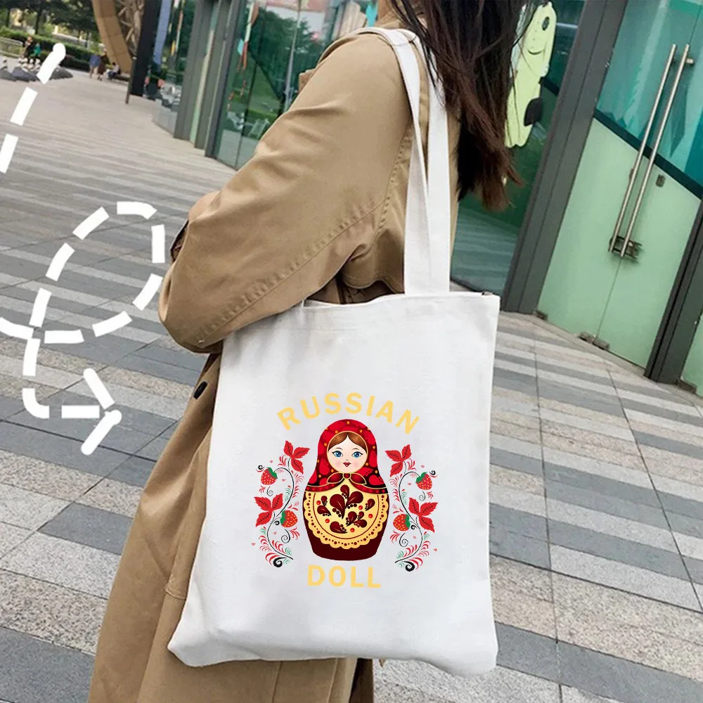 Cute Beautiful Russian Nesting Doll NYET Matryoshka Women\'s Canvas Shoulder Cotton Tote Bag Cute School Shopper Shopping Handbag