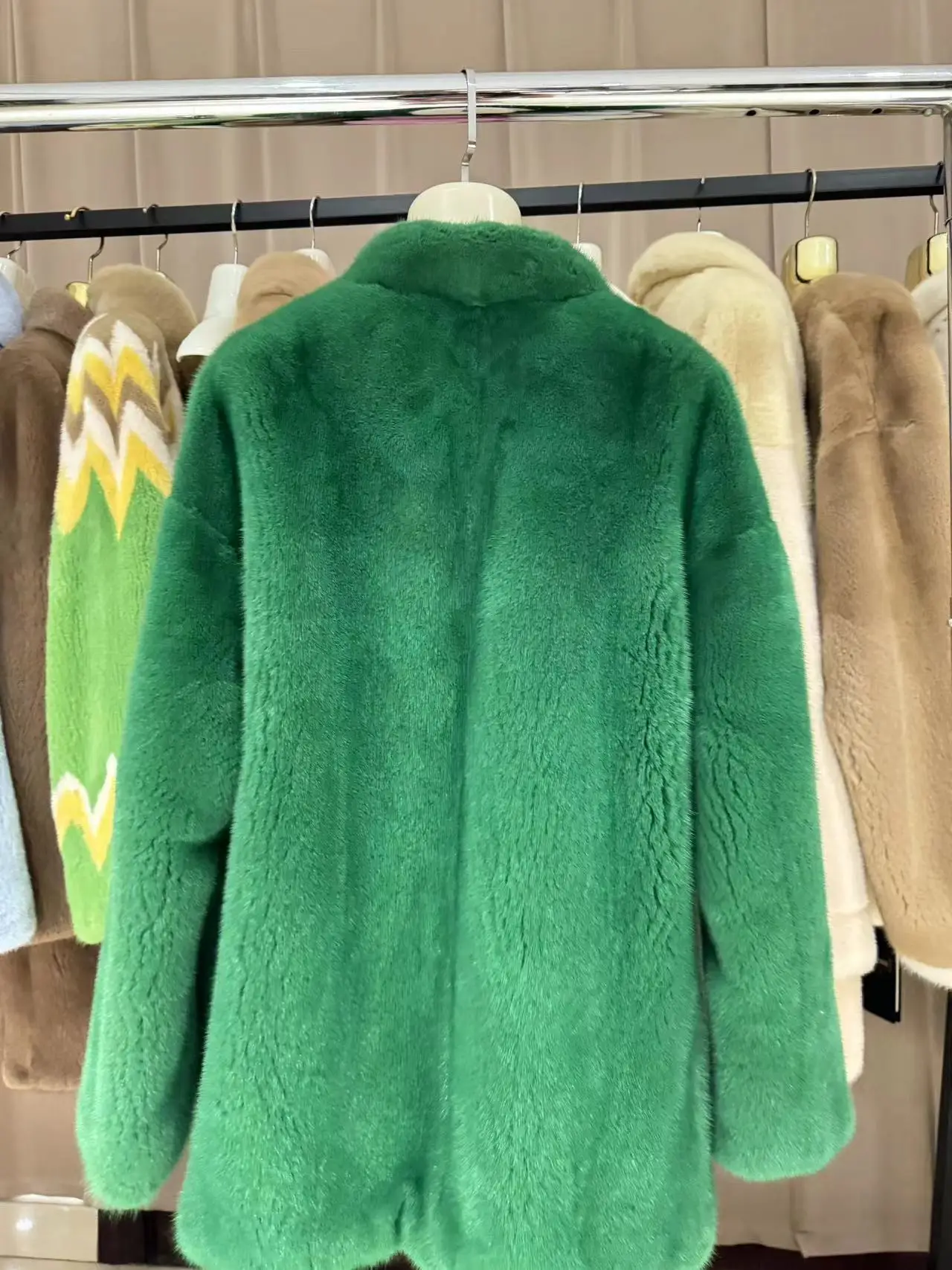 2024 NEW fashion real natural mink fur coat women middle length green color fur coat