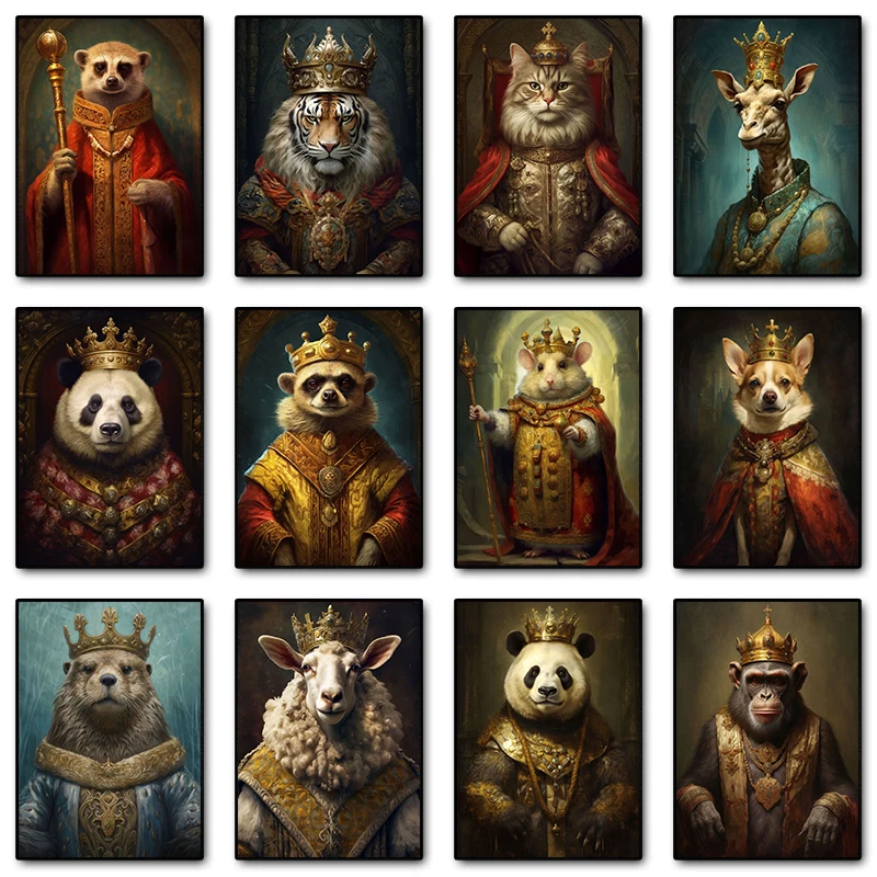 Cat Panda Giraffe Otter King Royal Animals Gold Crown Vintage Wall Art Posters Prints Canvas Painting for Living Room Home Decor