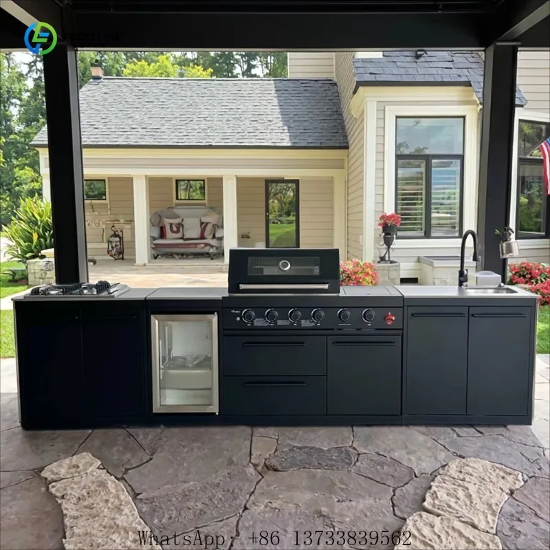 Customized Modern Matte Black Stone Outdoor BBQ Kitchen Customizable L Shaped Multi Functional Cooktop For Parties