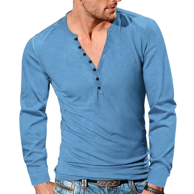 New Men\'s Four Season Henley shirt Vintage Long Sleeve T-shirt Cross border Men\'s Button V-Neck Slim Solid T-shirt Top