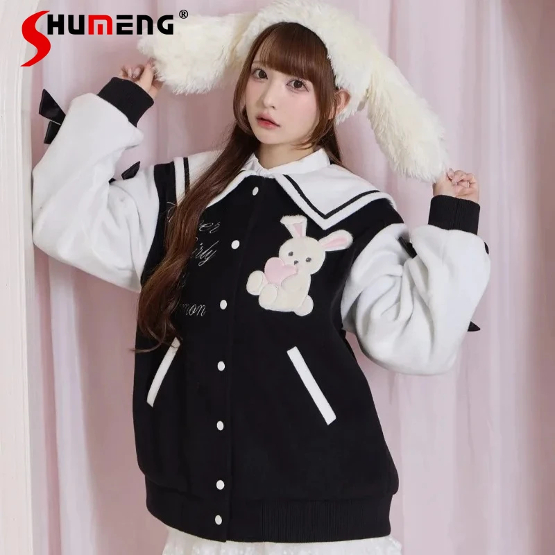 

Japanese Lolita Single-breasted Long-sleeves Hoodies Coat Cartoon Rabbit Bow Sleeves Thick Baseball Jacket Two Colors Available