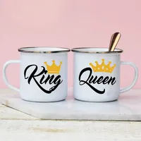 King Queen Print Couples Cups Creative Enamel Mug Outdoor Travel Camping Bonfire Coffee Water Cup Lover Mug Valentine's Day Gift