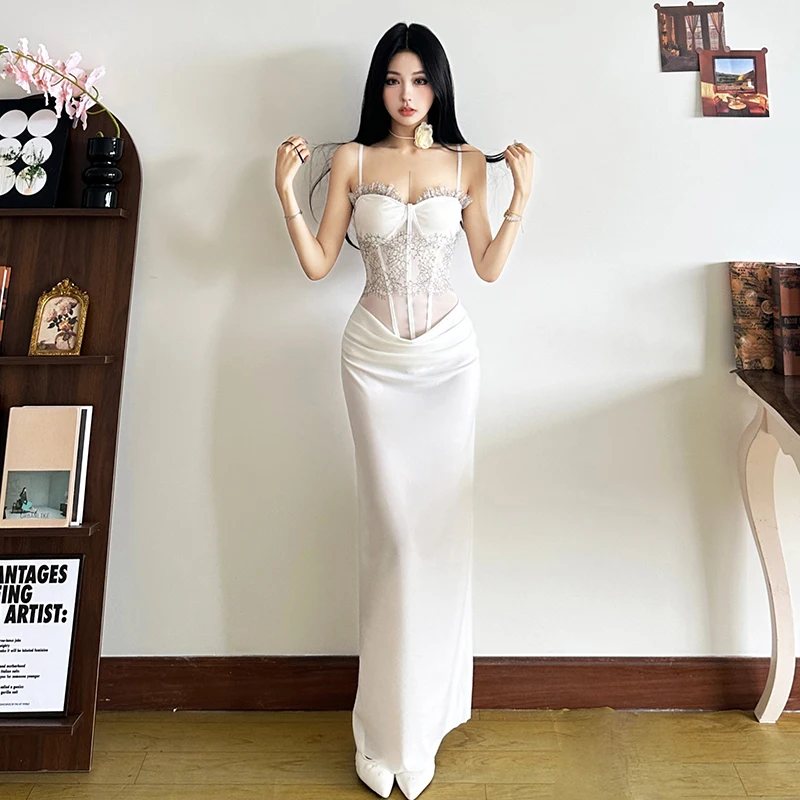 

Sexy Long Dr WEIRD PUSS Spicy Girl Design Lace Fibone Strap Dr Women's Slim Fit Waist Cinched Sexy Dr