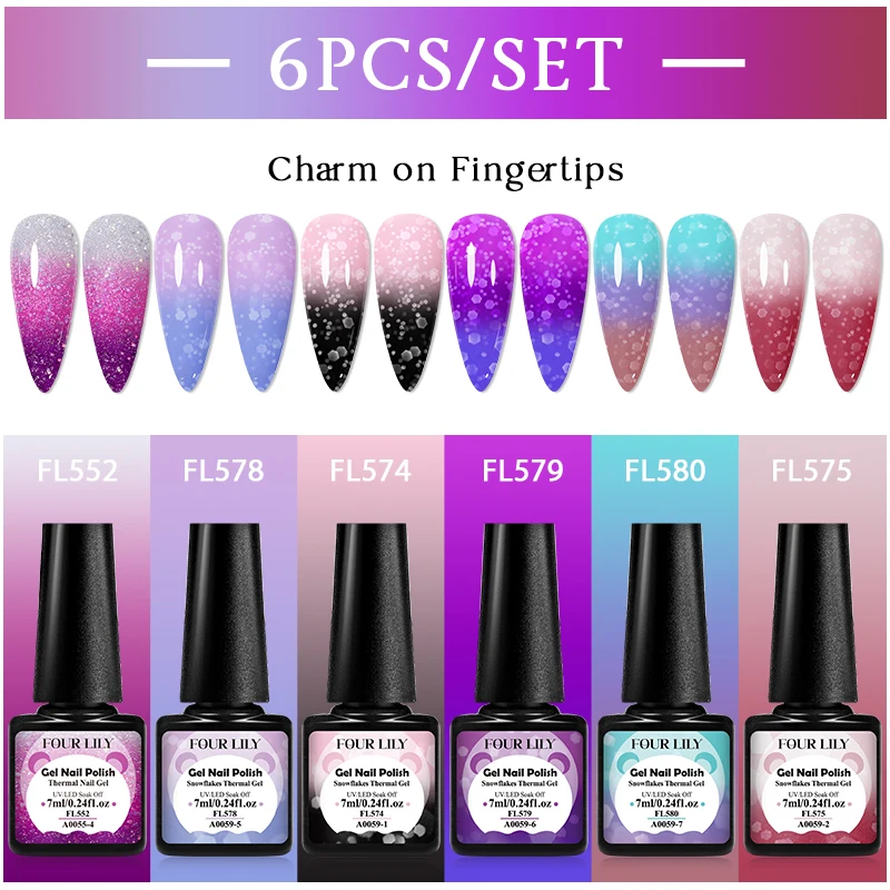 

Набор из 6 термогелевых лаков для ногтей «Снежинки» для УФ/LED-ламп, стойкий лак с салонным качеством для DIY маникюра