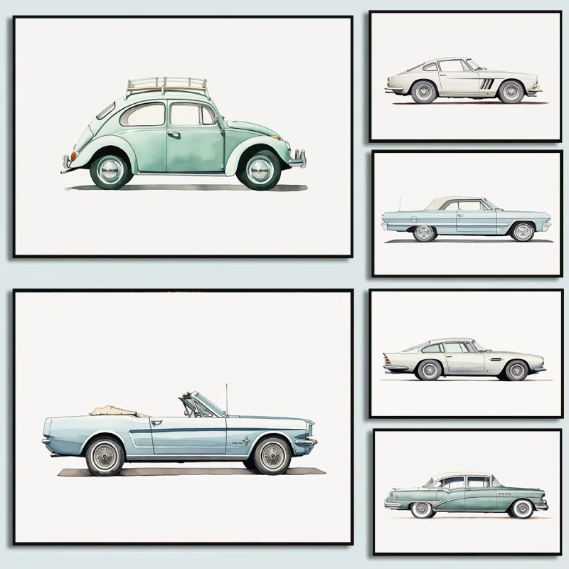 مجموعة من 6 مطبوعات سيارات عتيقة الحد الأدنى الحديثة قماش جدار الفن الحضانة غرفة اللعب غرفة نوم الأولاد غرفة الاطفال ديكور السيارات ملصق
