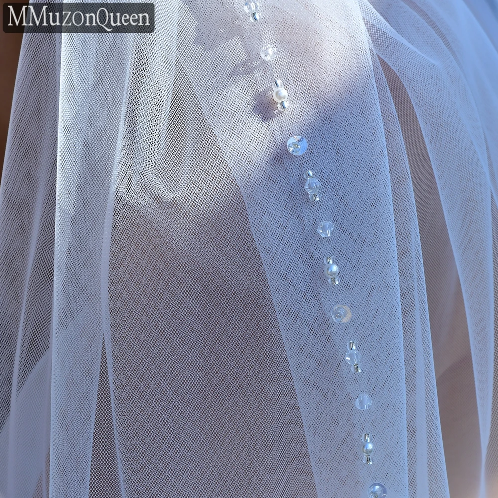 MMQ-Voile de mariage en perles de cristal pour patients, tulle doux à 1 niveau, longueur du bout des doigts, paillettes, accessoires pour petite amie, M22