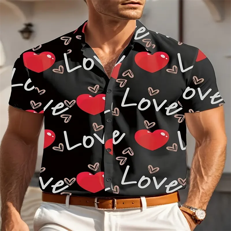 Hawaiian men's casual short-sleeved shirt with heart-shaped pattern print lapel shirt suitable for daily beach outings - Image 4