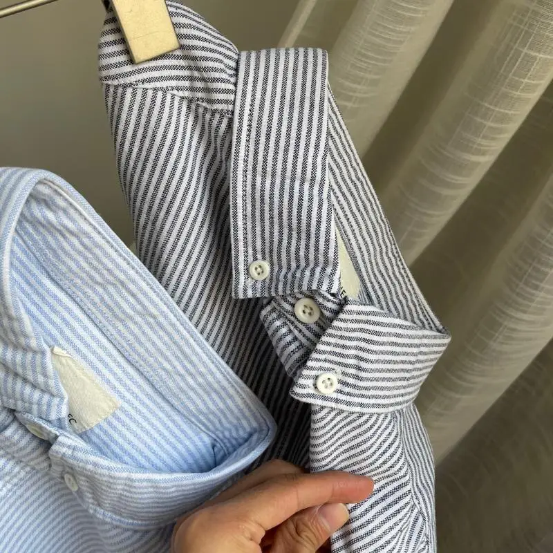Retro Japanese Versatile Wash Striped Shirt Oxford Spinning Men and Women Casual Long-sleeved Shirt Clothes