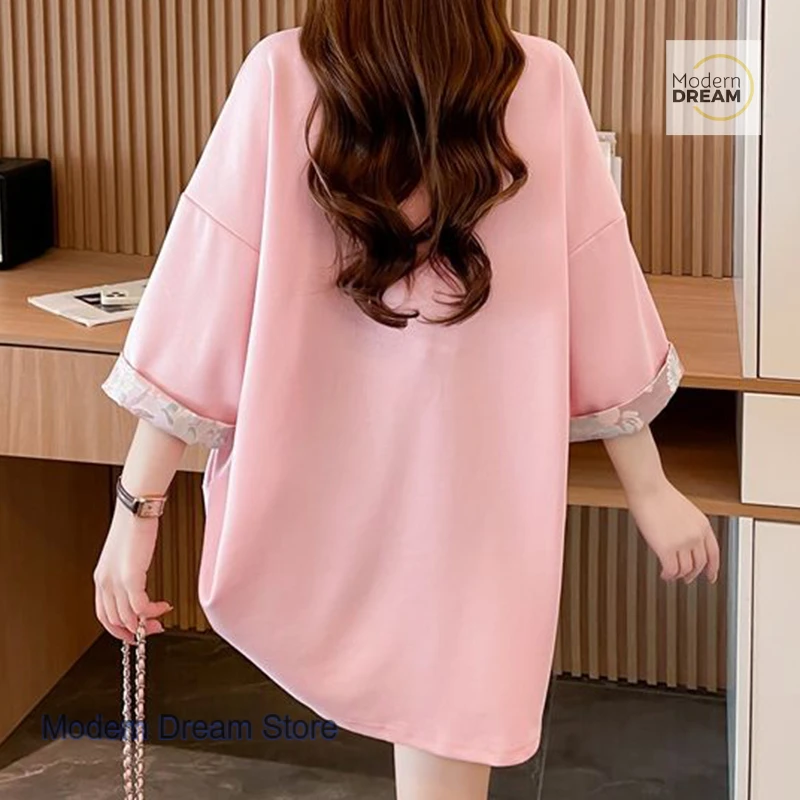 Chinese ethnic pink butterfly design cotton short-sleeved T-shirt women's summer new fashion loose plus size half-sleeve top.