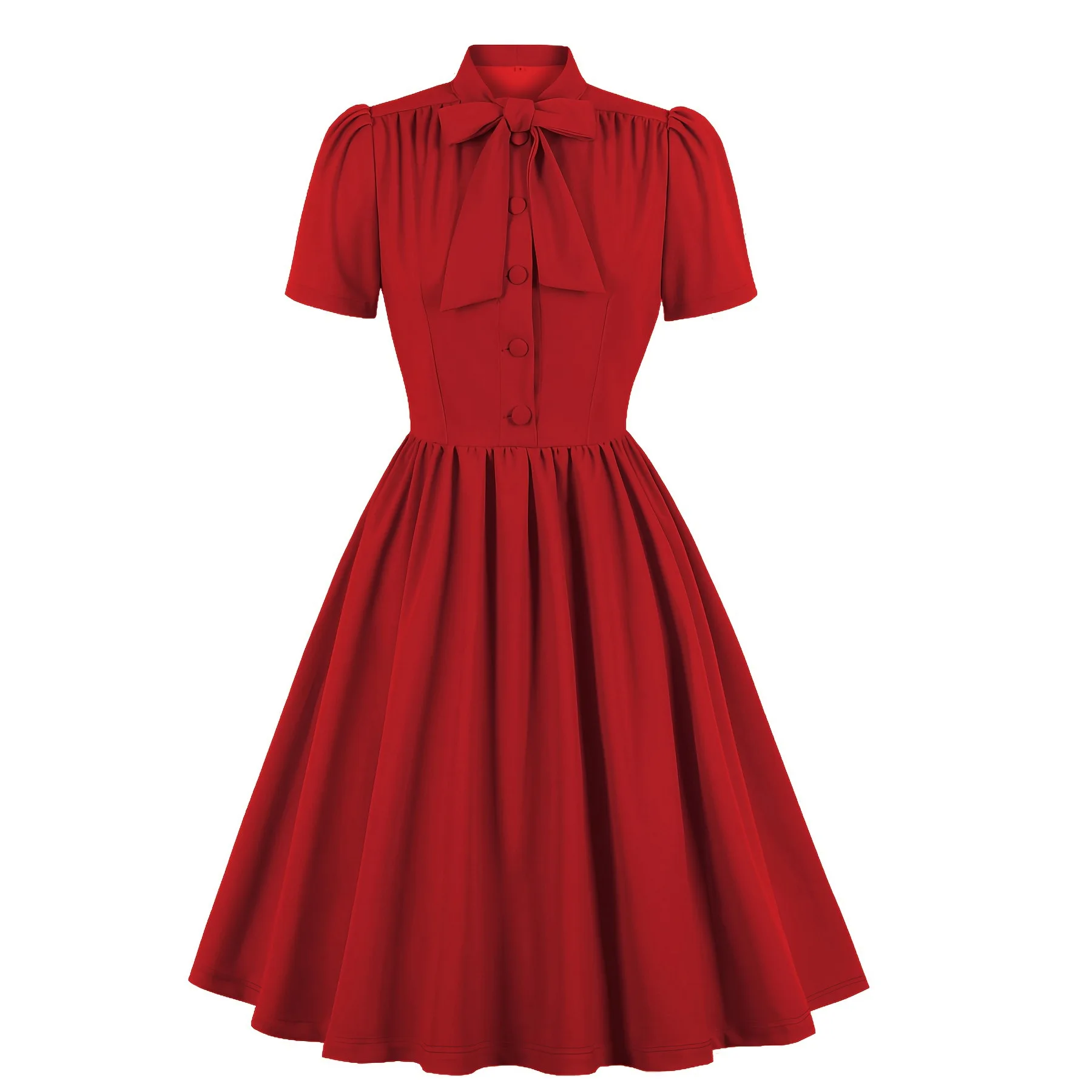 1950S Vintage Bow Tie Neck Button Up Office Lady Elegant Pleated Dress Women Summer Robes Solid Color Slim Waist Party Dresses