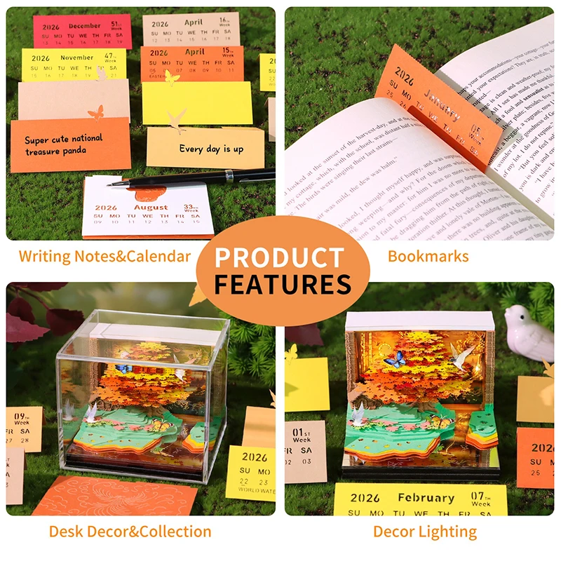 

[k]Time Piece Calendar 2026 Desk Calendar With LED Light 3D Tear-away Calendar Paper Carving Art Memo Pad Notepad Gift Christmas