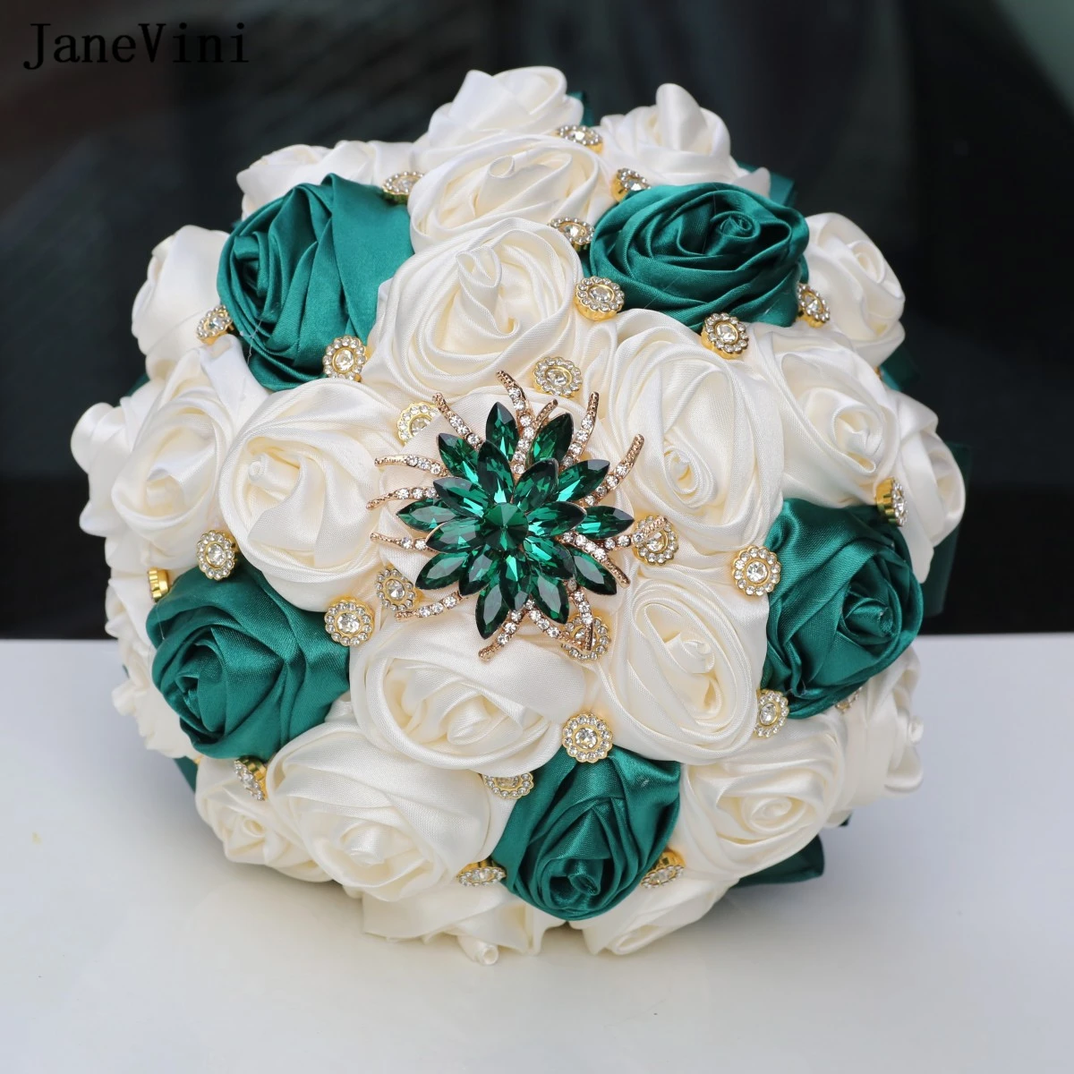 

JaneVini 2023 Vintage Dark Green Ivory Bridal Bouquets Crystal Beaded Artificial Satin Roses Wedding Flowers Bride Fake Bouquet