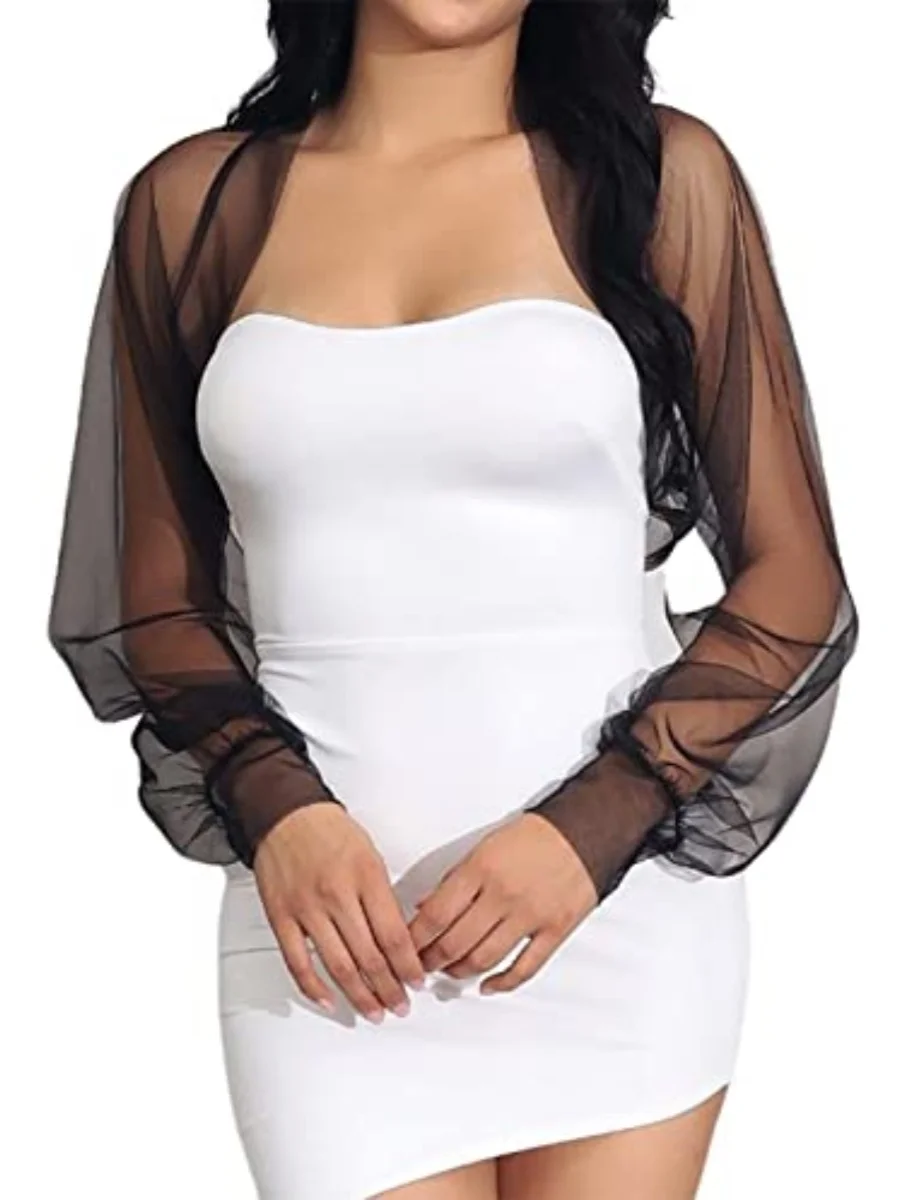 

Ladies Versatile Thin Mesh Long Sleeve Shawl Black White Multi-Color Wedding Dress Accessory Strapless Skirt Style