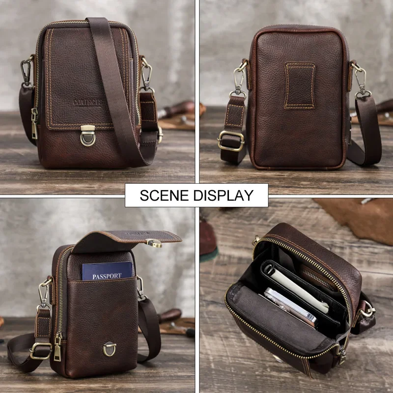 Men's Waist Packs Casual Retro Soft Genuine Cow Leather Cross Belt Hasp Mobile Pocket Shoulder Bag