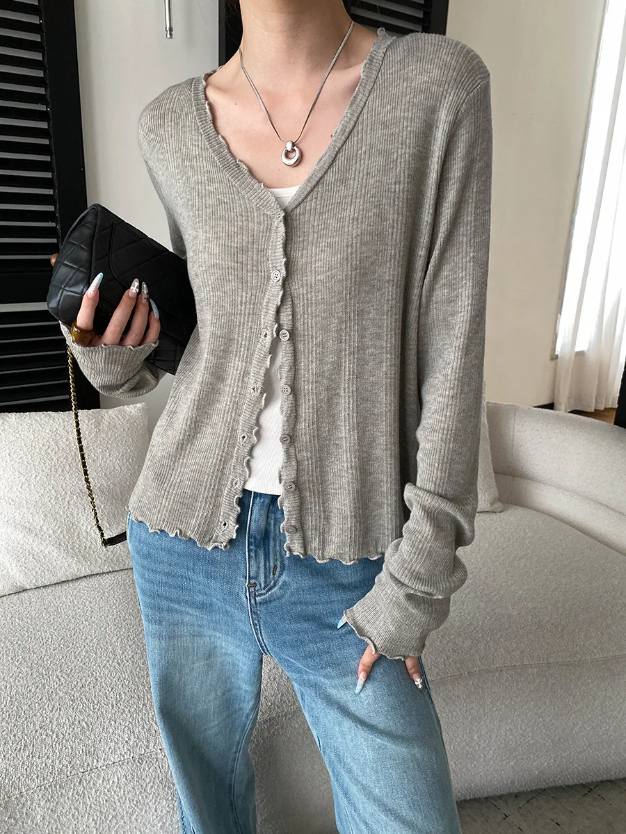 Autumn women's casual solid color French fungus edge V-neck loose fit slimming versatile knitted cardigan