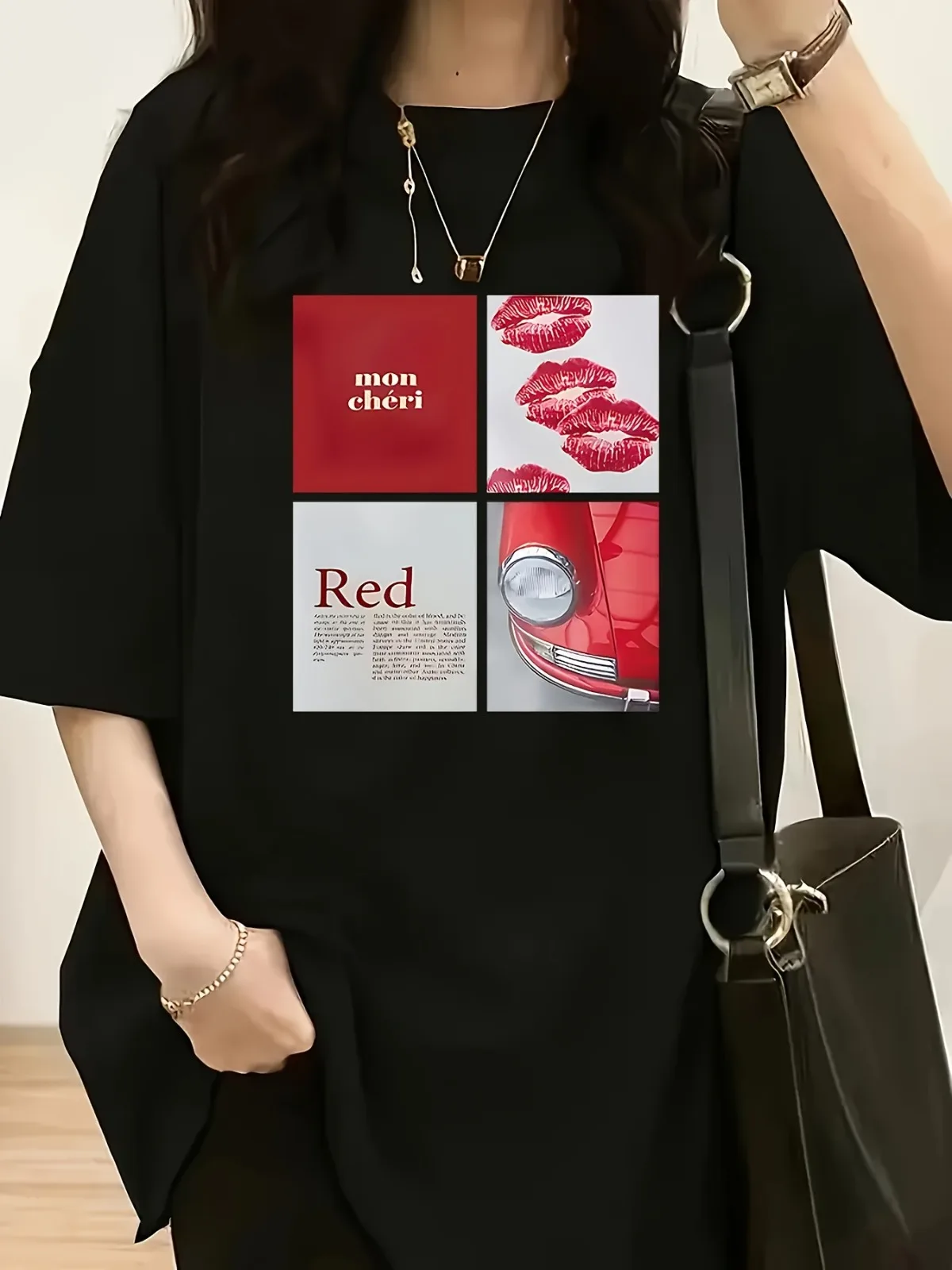 

Women's Casual Loose Round Neck T-shirt - Black Red Lips and "Red" Letter Print Comfortable All Year Round Machine Washable Top