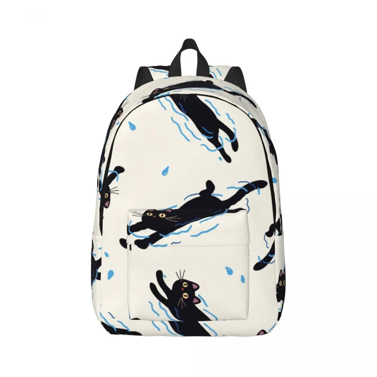Sky Cloud Print Backpack Tossed Swimming Cat Whimsical Illustration Dark Blue White Black Lightweight Daypack for School Outdoor