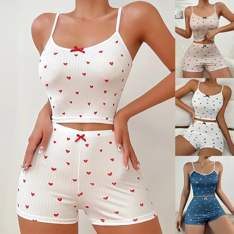 

Spring Summer Sleepwear for Women Pajamas Heart Print Casual Backless Crop Cami Top & High Waist Skinny Shorts Set Loungewear