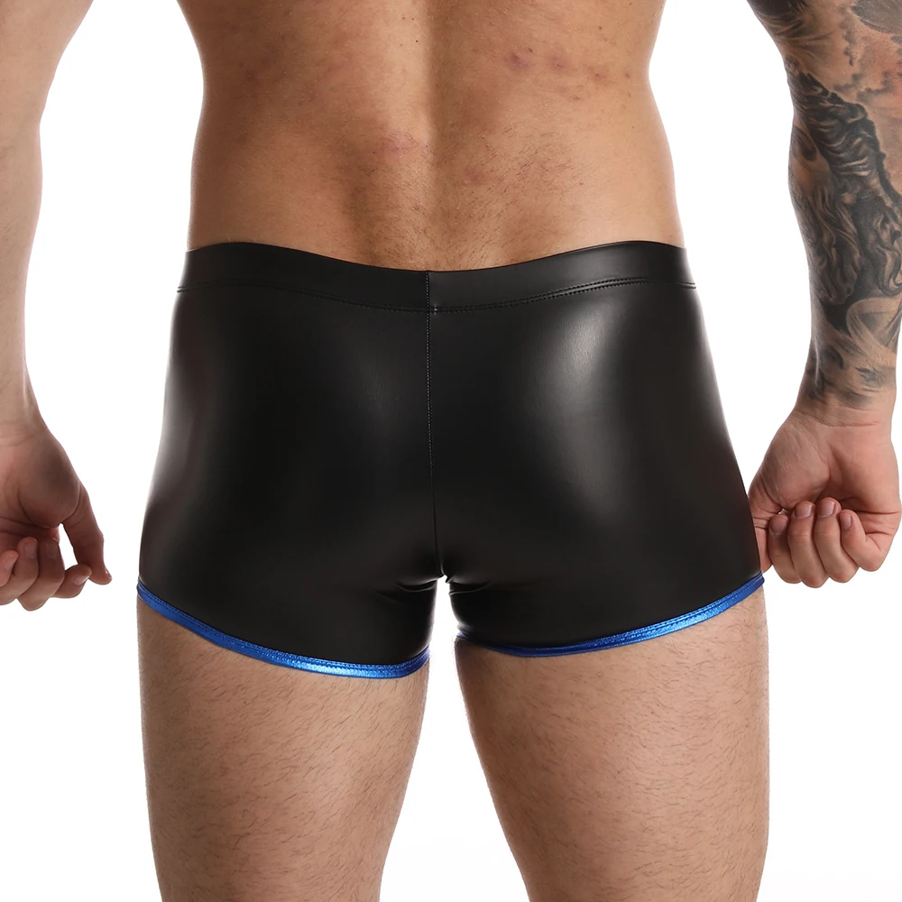 Bóxer Sexy con cremallera para hombre, ropa interior de piel sintética, pantalones cortos con bolsa para bulto Gay, color negro, Wetlook