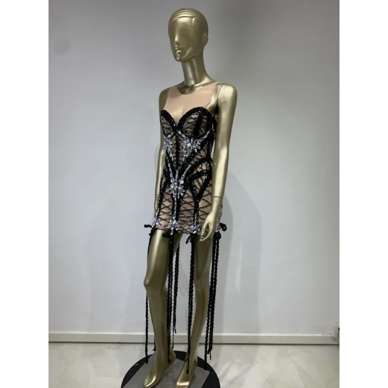 Luxus Funkelnde Diamant Dame Sexy Mini Kleid Lange Quaste Ärmellose Prom Abend Party Kleid Leistung Nachtclub Bühne Kostüme