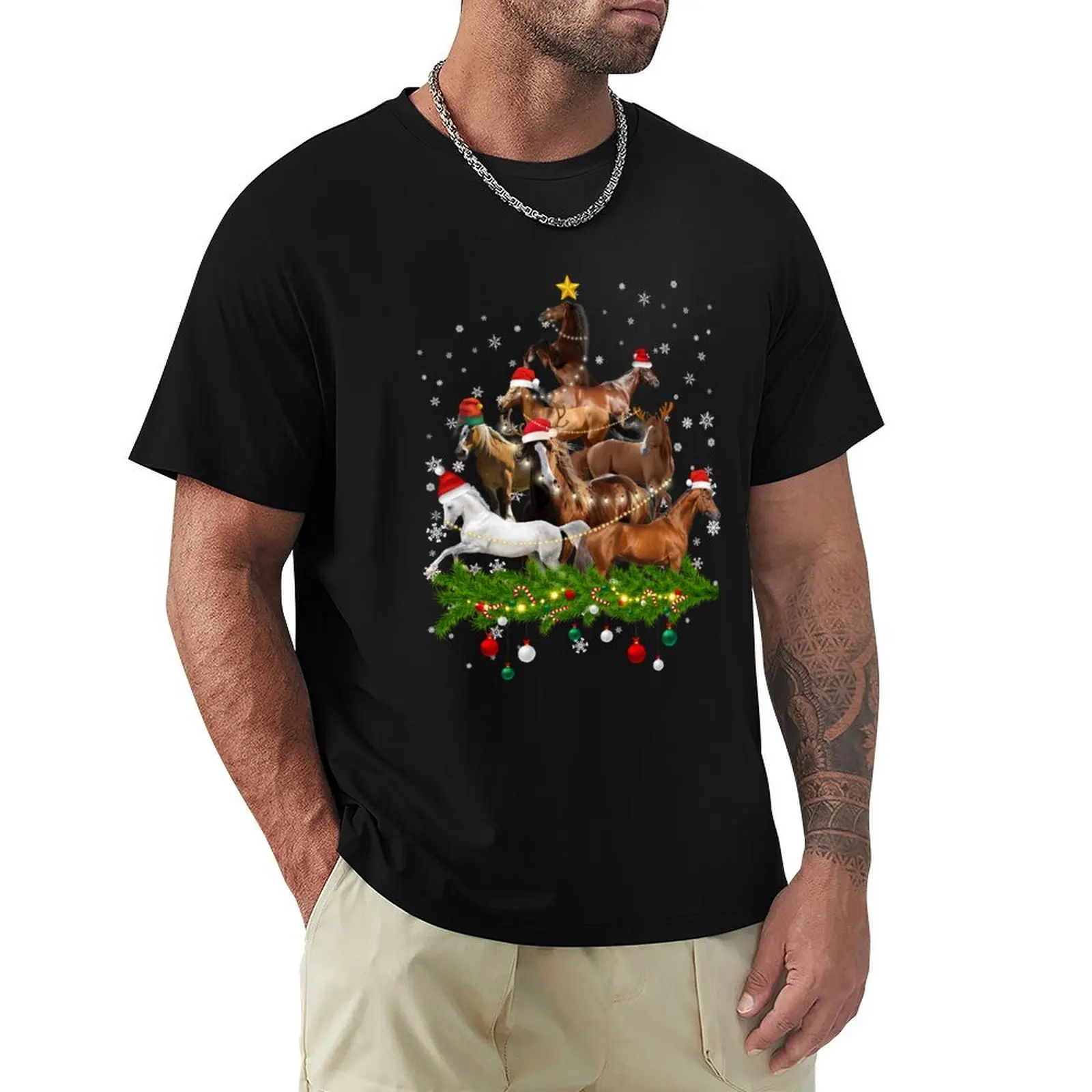 

Funny Merry Horse Christmas Tree Lights Horse Santa Hat Men T-Shirt Funny t-shirts basketball graphic tees t shirts for men