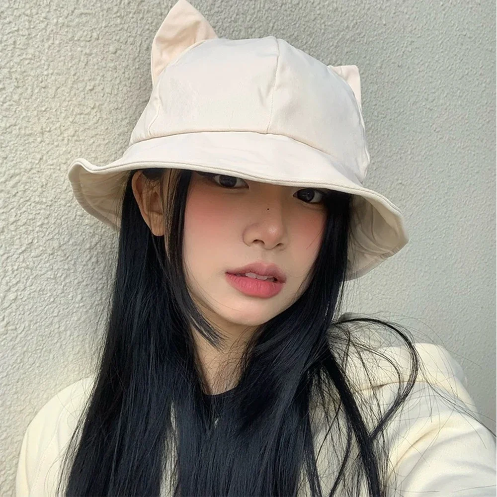 Bucket Hat Women Cute Cat Ear Fisherman Cap Autumn Winter Hats For Women Korean Fashion Design Casual Cartoon Windproof Warm