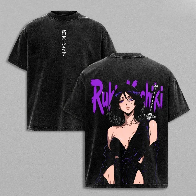 Kuchiki Rukia BLEACH Anime Clothing Men Women Oversized T-shirts Short Sleeve Washed T Shirt Vintage Cotton Tshirt Harajuku Tops