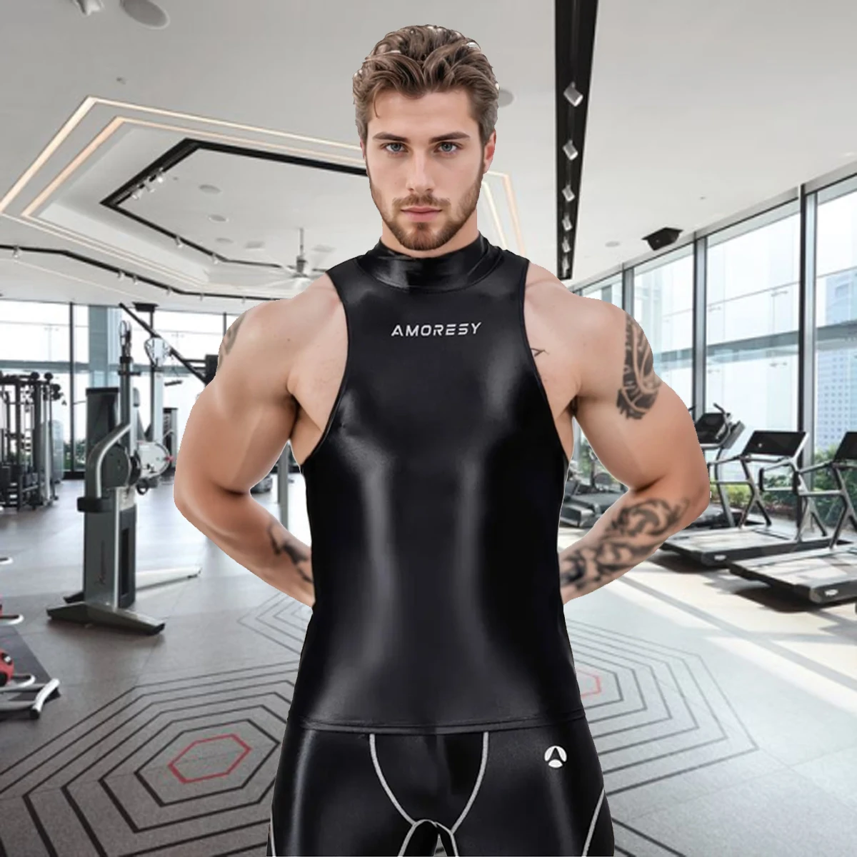 

AMORESY Hercules Series Satin Elastic Sleeveless Turtleneck Sports Tank Tops Breathable Tight Training Fitness Vest Undershirt