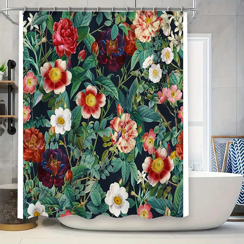 

Botanical Flower Shower Curtain Vintage Floral Pattern Bathroom Decor Waterproof Fabric Backdrop Washable Artistic Nature Theme