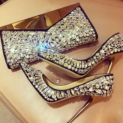 Crystal Rhinestone Women Stiletto Heel Pumps Sexy Pointed Toe Slip On Shallow Handmade Fashion 2024 Summer Women Shoes