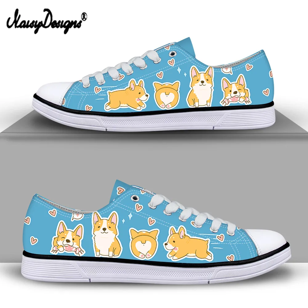 

Noisydesigns New Summer Women Flat Shoes Leisure Cute Cartton Corgi Prints Female Blue Canvas Shoes Fashion All-Match Sneakers