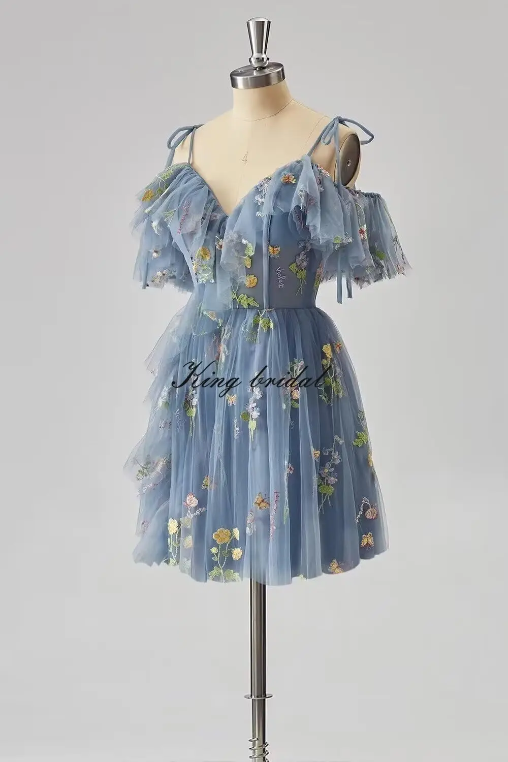 花刺繍チュールショートホームカミングドレス十代の若者たち 2026 ミニスパゲッティストラップフォーマルプロムパーティードレスジュニアブライドメイド